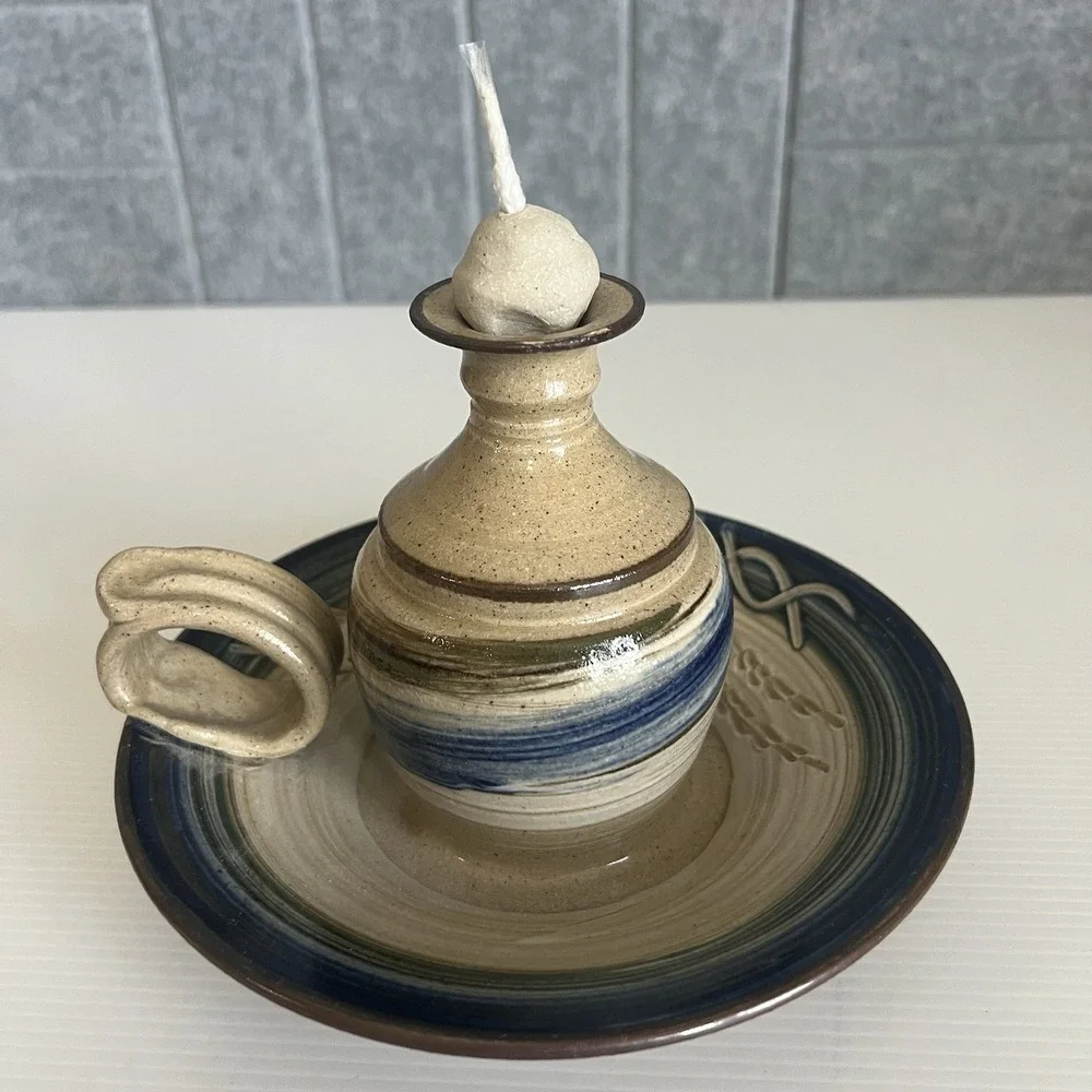 Vintage Studio Art Pottery Oil Lamp With Wick & Ball Candle Holder Signed